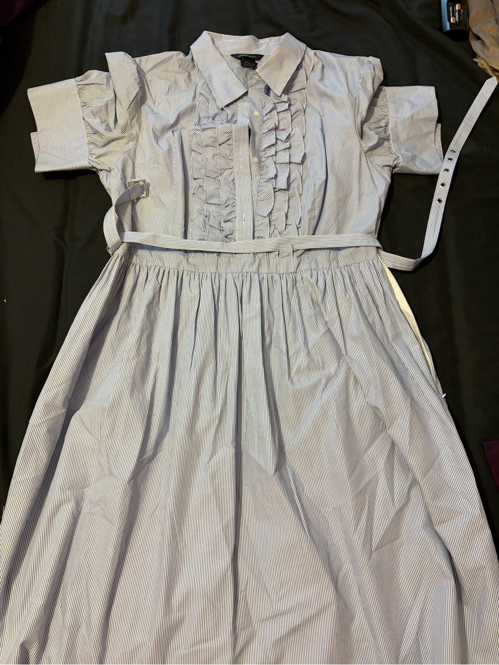 Moda International Light Blue Pinstripe Ruffle Belted Shirt Dress